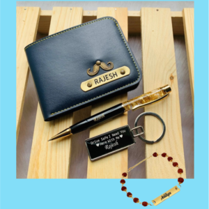 Personalised Men’s Wallet, keychain, Golden Pen and Rakhi