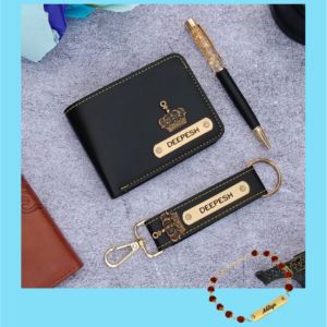 Personalised Men’s leather Wallet, leather keychain, Pen and Rakhi